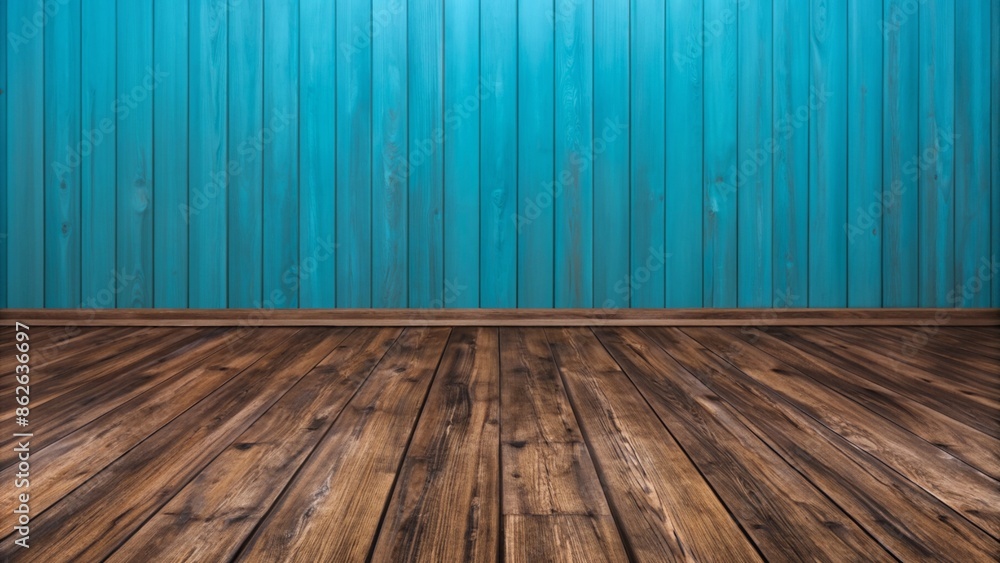 Interior shot of blue wall and wooden floor with natural light Interior shot of blue wall and wooden floor with natural light