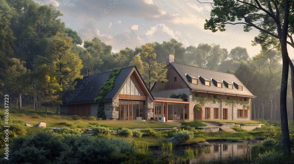 Modern residential house surrounded by nature, contemporary rural home Modern residential house surrounded by nature, contemporary rural home