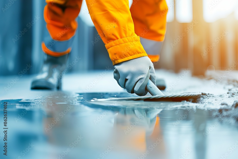 Close-up of a construction worker smoothing wet cement with a trowel, wearing high-visibility clothing and gloves on a building site. Close-up of a construction worker smoothing wet cement with a trowel, wearing high-visibility clothing and gloves on a building site.