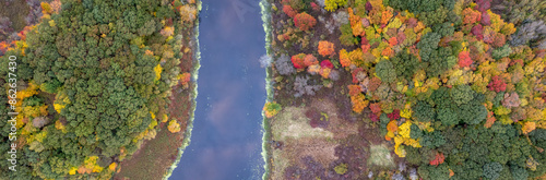 Aerial view of colorful autumn forest and meandering river, Oak Hill Park, Newton, Massachusetts, United States. photo