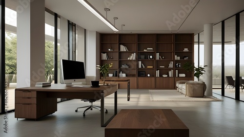 modern office room interior with shelf and glass windows
