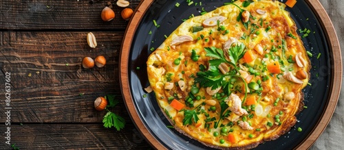 A top-down view of a chicken and vegetable omelet with nuts, set against a wooden backdrop, with ample space for additional content or text.