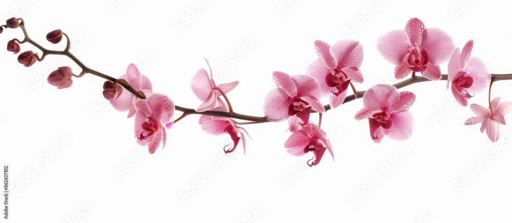 Isolated on a white backdrop, a stunning orchid branch is in full bloom, with room for additional elements in the picture, known as a copy space image. Isolated on a white backdrop, a stunning orchid branch is in full bloom, with room for additional elements in the picture, known as a copy space image.