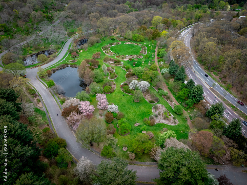 Aerial view of serene urban park with blooming spring blossom, Jamaica Plain, Massachusetts, United States. Aerial view of serene urban park with blooming spring blossom, Jamaica Plain, Massachusetts, United States.