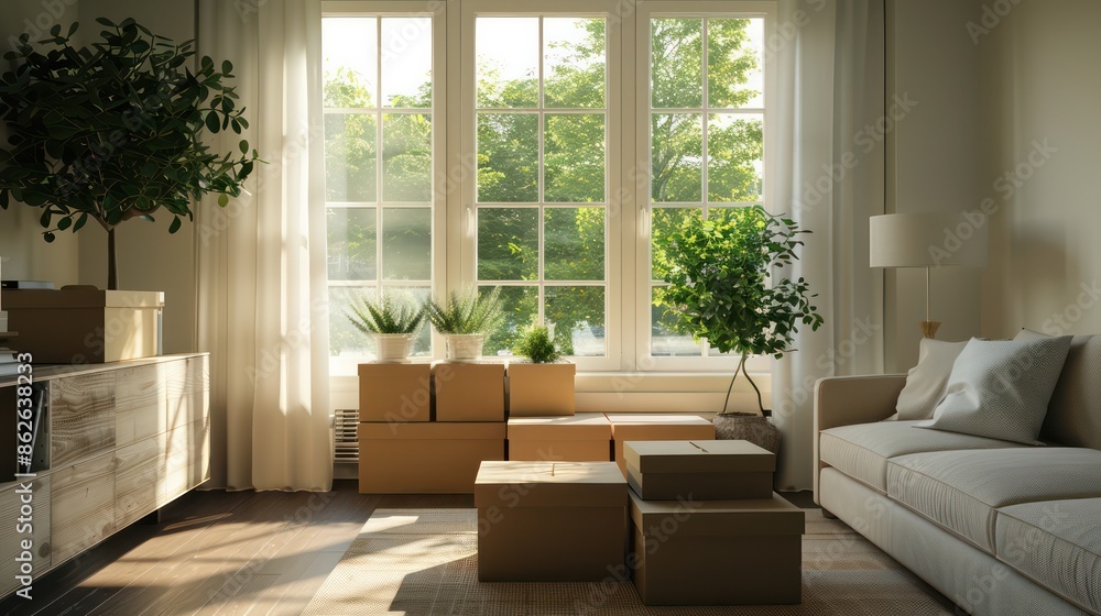 Fototapeta premium A living room with a large window and a potted plant. Boxes are stacked in the room, and a couch is in the background