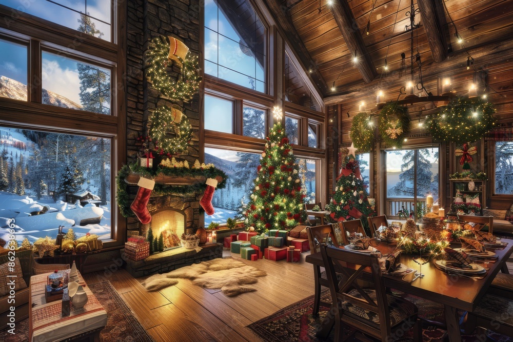 Cozy christmas scene with decorations, a warming fireplace and a christmas tree, Happy christmas, full of seasons greetings Cozy christmas scene with decorations, a warming fireplace and a christmas tree, Happy christmas, full of seasons greetings