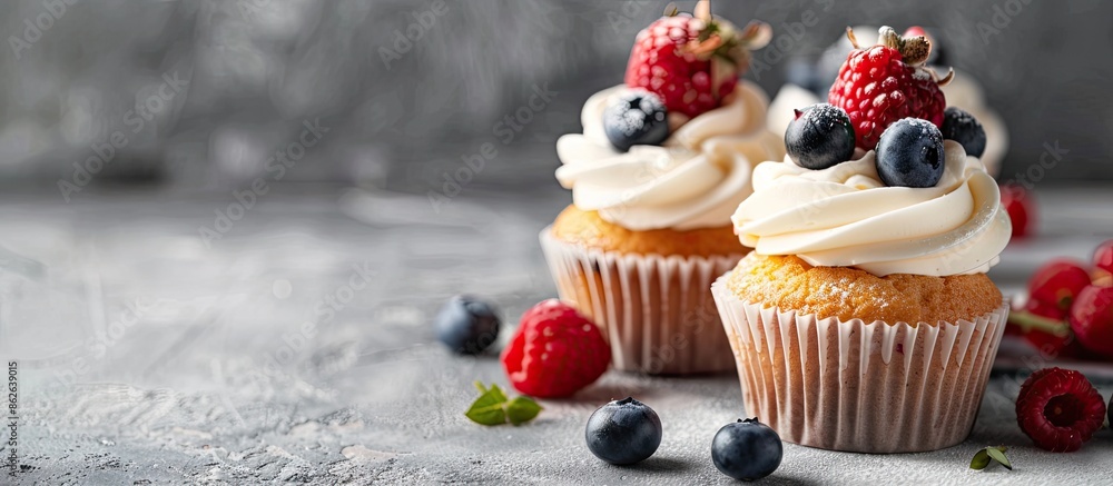 Delicious cupcakes with berries and cream on a table in a mouth-watering copy space image.