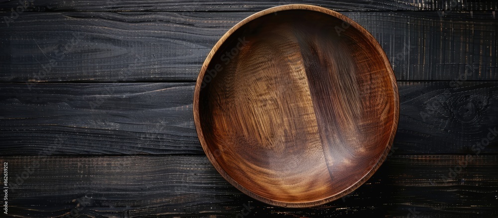 Top view of an empty wooden bowl on a dark wooden surface, ideal for showcasing with copy space in the image. Top view of an empty wooden bowl on a dark wooden surface, ideal for showcasing with copy space in the image.