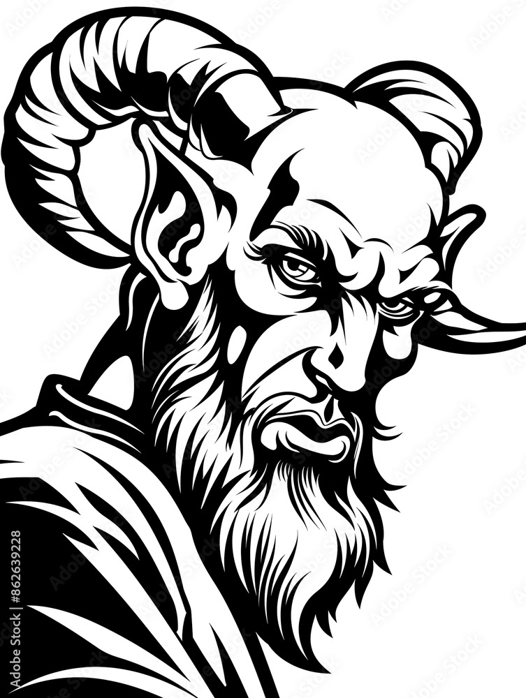 Obraz premium A cartoonish depiction of a bearded man with horns on his head. The man has a menacing look on his face and is wearing a robe