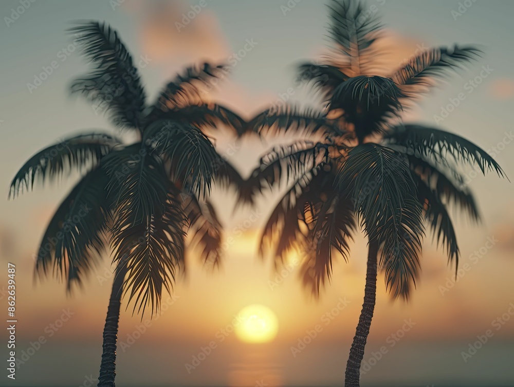 Fototapeta premium Coconut palm trees sway against a tropical sunset, painting a serene and idyllic setting ideal for tropical aesthetics.