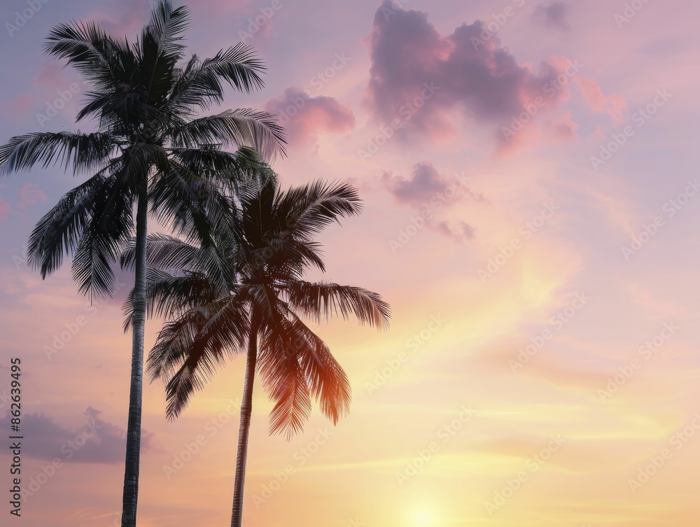 Coconut palm trees against a tropical sunset, creating a picturesque and relaxing scene perfect for tropical themes. Coconut palm trees against a tropical sunset, creating a picturesque and relaxing scene perfect for tropical themes.