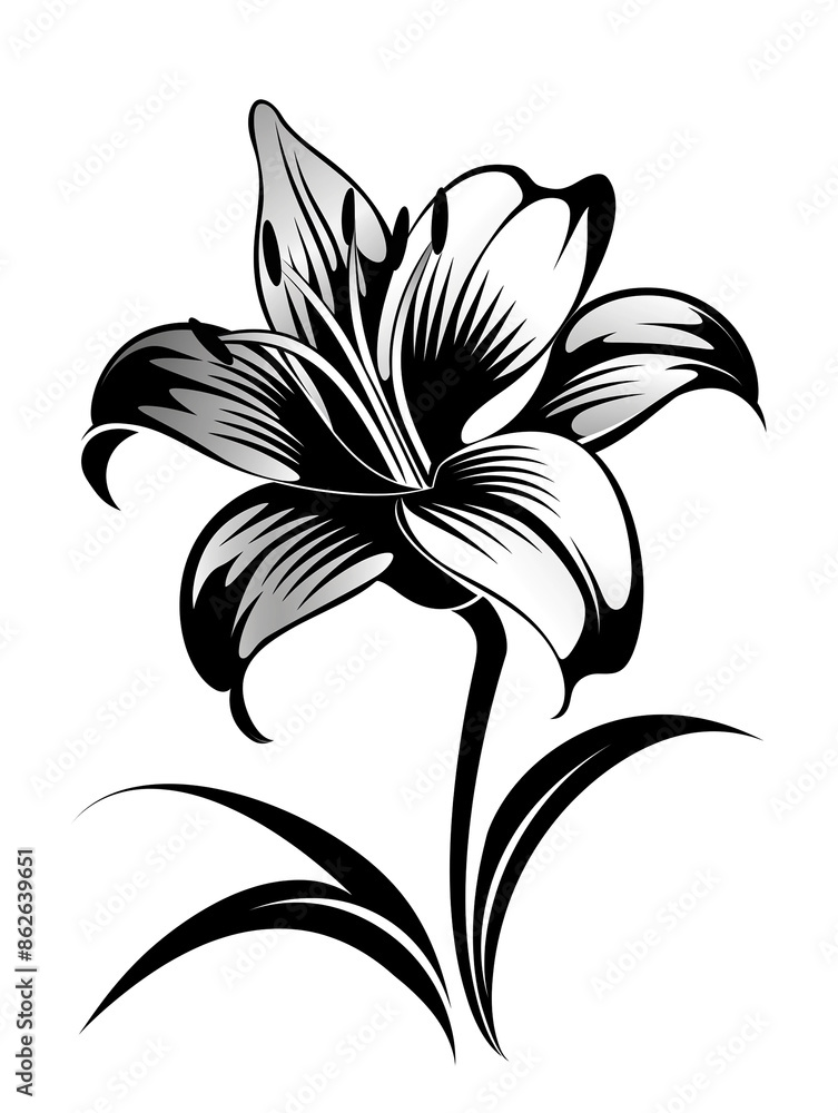 Obraz premium A black and white drawing of a flower. The flower is a lily and it is the main focus of the image. The flower is drawn in a very detailed and intricate manner, with the stem