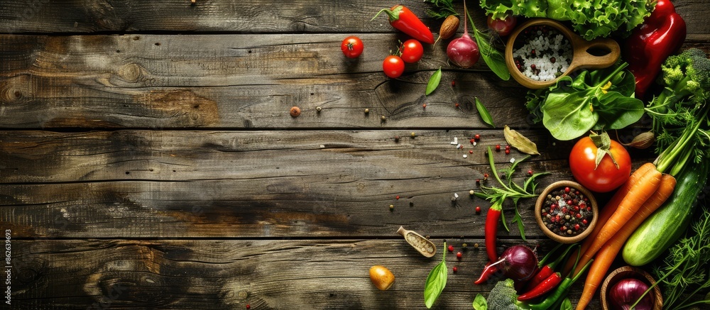 Fresh vegetables composition on aged wood backdrop, accompanied by condiments, spices, and Brazilian culinary delicacies, all highlighting natural food and detox, with copy space image.