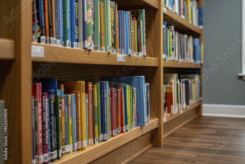 Comprehensive educational resources displayed on shelves, providing a wide selection of learning materials for students and educators to choose from. photo