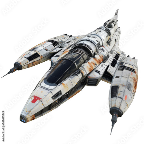 A white and grey space ship with a red T on the front