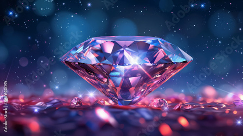 A beautifully cut diamond sparkling on a colorful surface with a cosmic background. photo