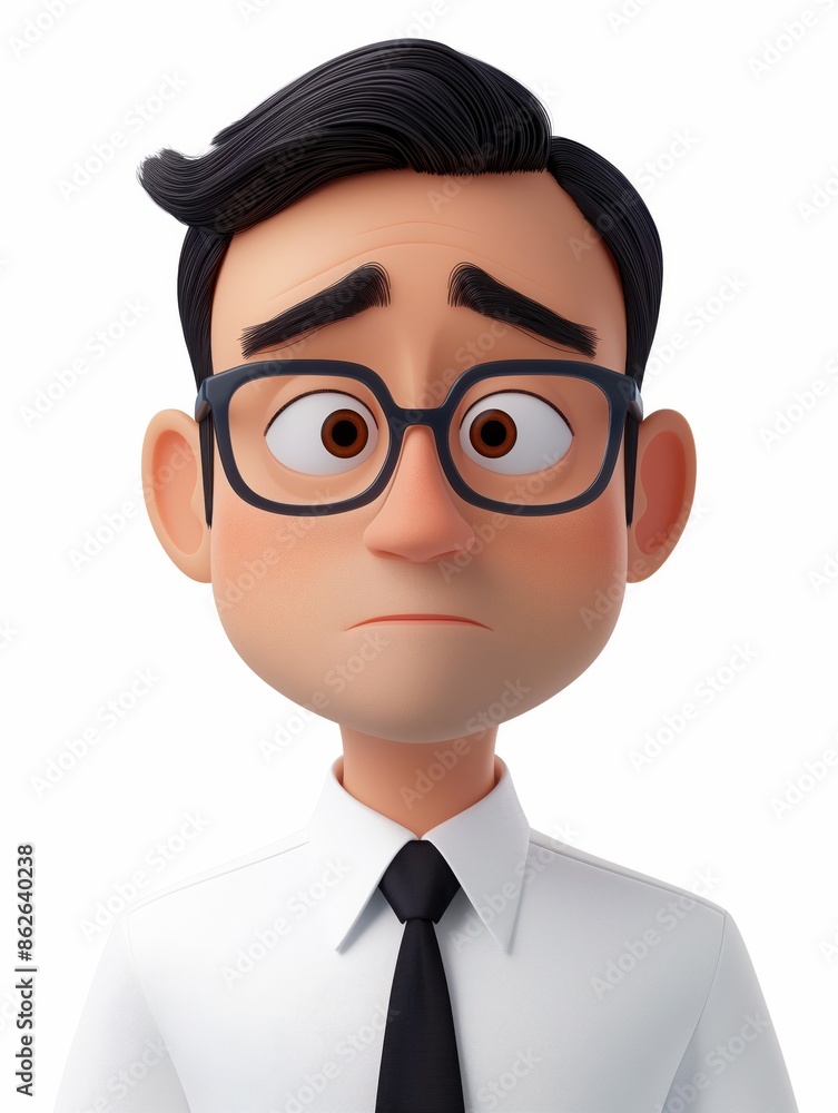 3D illustration of a worried animated character with glasses and a white shirt, expressing concern or confusion. 3D illustration of a worried animated character with glasses and a white shirt, expressing concern or confusion.