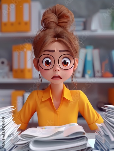 Animated woman with glasses looking stressed at work, surrounded by piles of paperwork in an office setting.