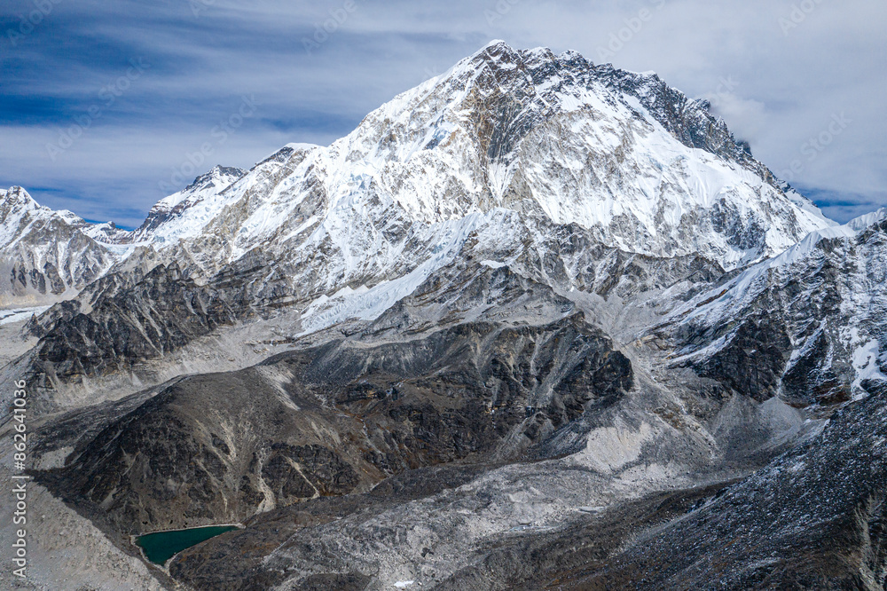 Aerial view of Mount Nuptse in snow-covered Himalayas, Khumjung, Nepal. Aerial view of Mount Nuptse in snow-covered Himalayas, Khumjung, Nepal.