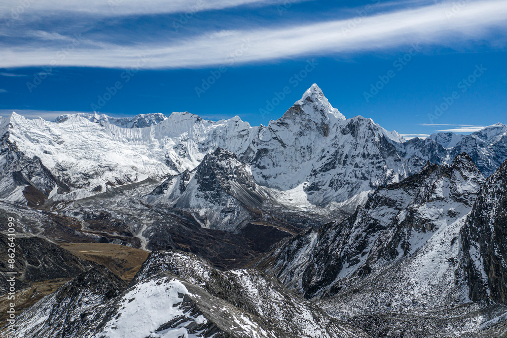 Aerial view of Snowcapped Mountain with Kongma la pass and Ama Dablam, Khumjung, Nepal. Aerial view of Snowcapped Mountain with Kongma la pass and Ama Dablam, Khumjung, Nepal.