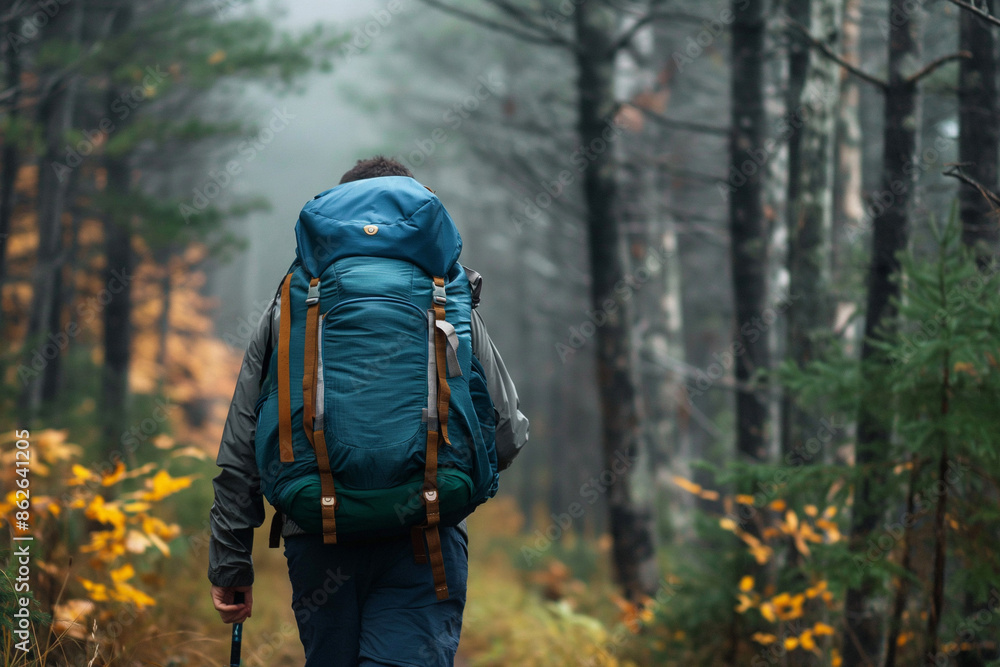 Lone Hiker Exploring Autumn Pine Forest with Backpack and Trekking Pole Lone Hiker Exploring Autumn Pine Forest with Backpack and Trekking Pole