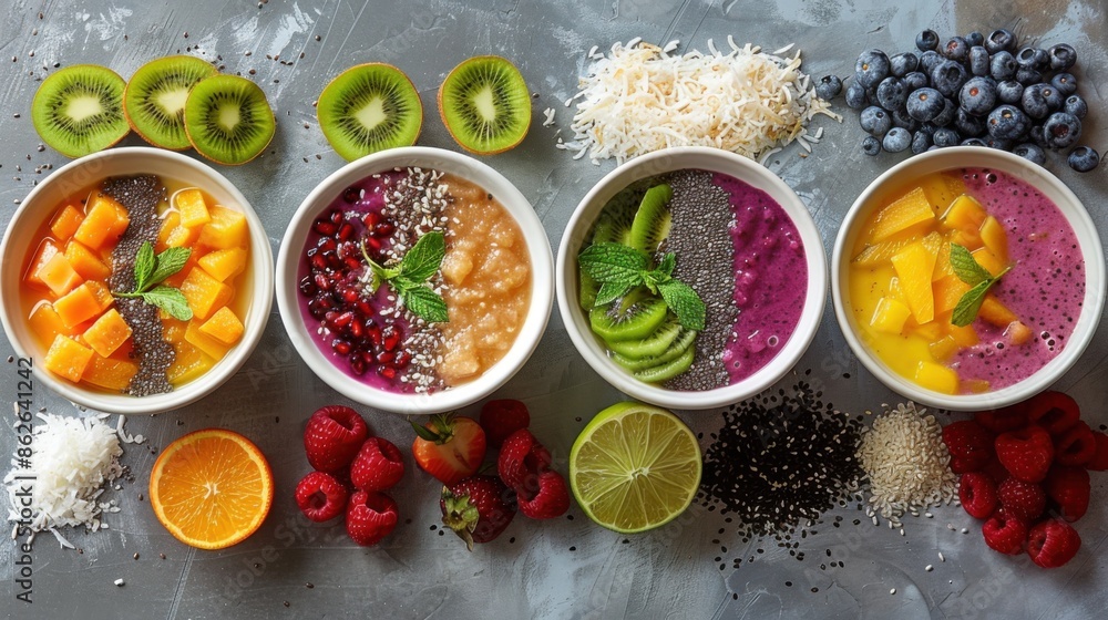 Bowls of fruit and vegetables on a table, nutritionist concept, Food background Bowls of fruit and vegetables on a table, nutritionist concept, Food background