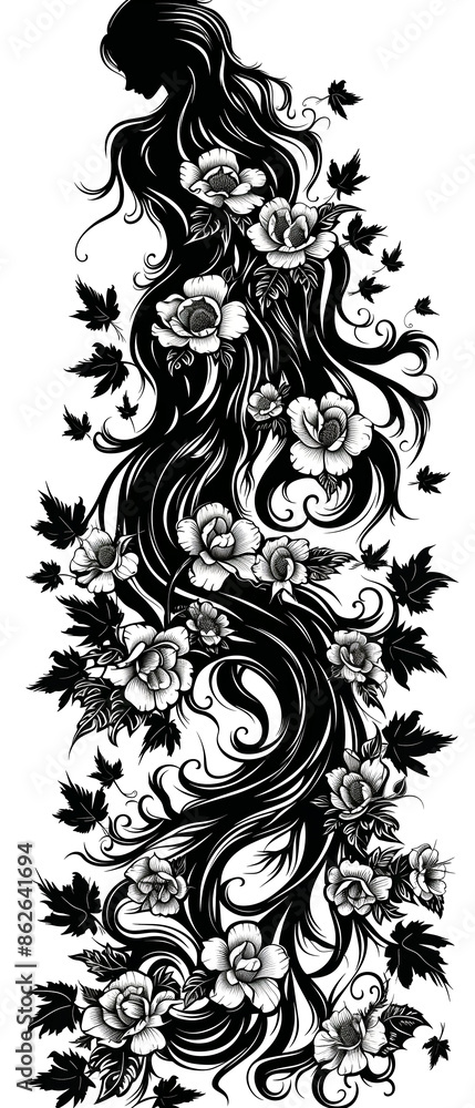 Fototapeta premium A woman with long hair is surrounded by flowers and leaves