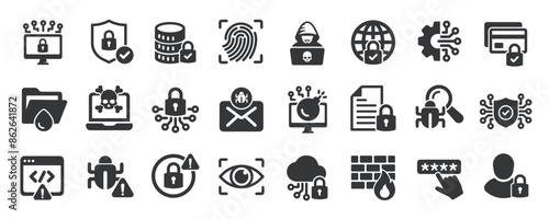 Cyber security glyph solid icons collection. Containing privacy, protection, access, encryption, network. For website marketing design, logo, app, template, ui, etc. Vector illustration.