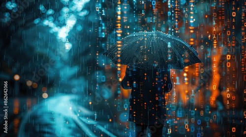 Digital Data Rain Concept with Person Holding Umbrella in Futuristic Cityscape