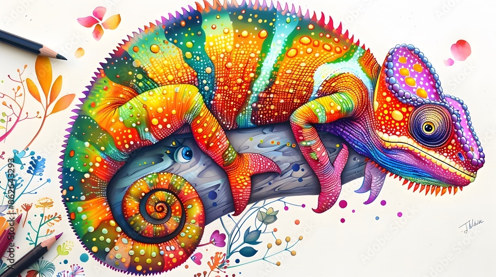 Cheerful chameleon tree branch cartoon illustration isolated image animal character. Cheerful chameleon tree branch cartoon illustration isolated image animal character.