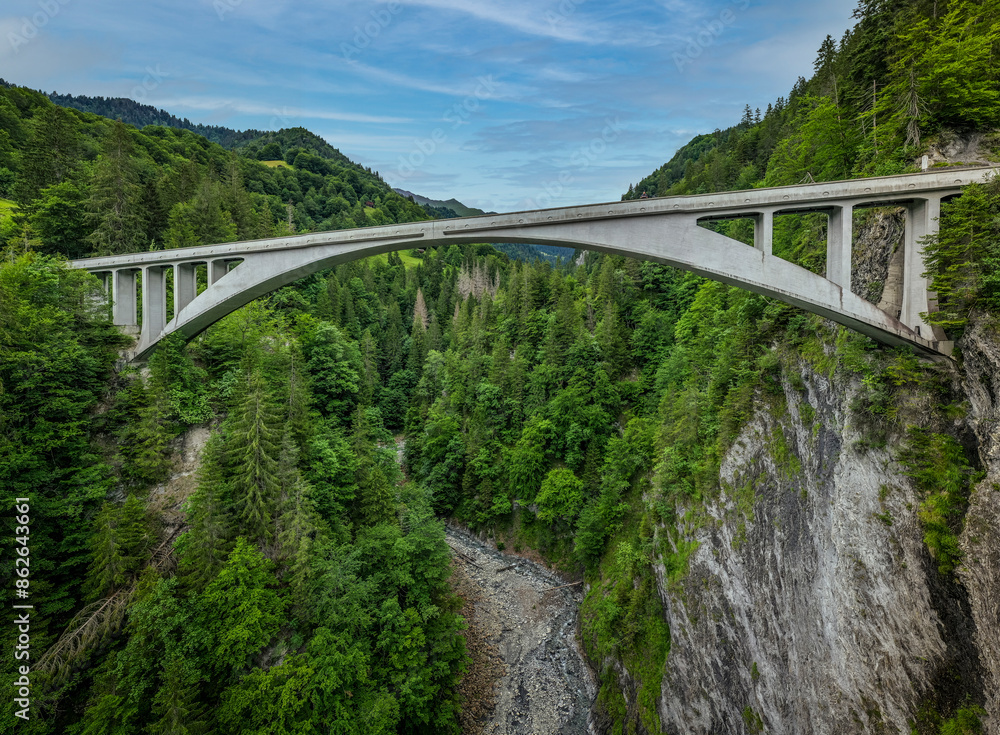 Aerial view of forested bridge crossing a valley in Schuders, Grisons, Switzerland. Aerial view of forested bridge crossing a valley in Schuders, Grisons, Switzerland.