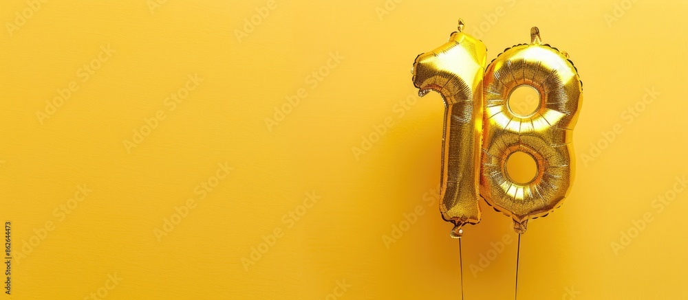 Elegant gold foil balloon shaped like the number 18 on a birthday card with the inscription 18 for an anniversary celebration, set against a glittering, bright gold numeral on a yellow background Elegant gold foil balloon shaped like the number 18 on a birthday card with the inscription 18 for an anniversary celebration, set against a glittering, bright gold numeral on a yellow background