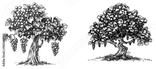 Clipart of grape tree illustration in vintage engraving style