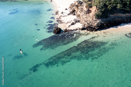 Aerial view of Galapinhos Beach with clear water and rocky coast, Sesimbra, Portugal. photo