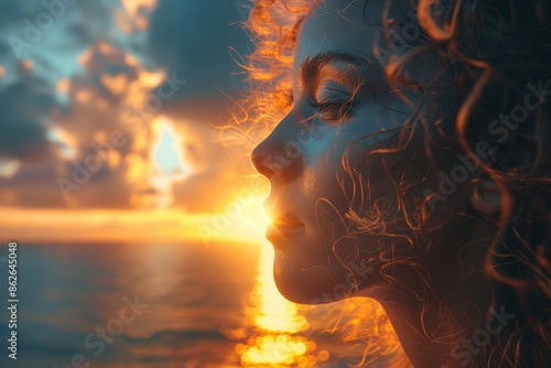 Wallpaper Mural A silhouette of a person with curly hair gazing at a beautiful, golden sunset over the ocean, capturing a serene and contemplative moment by the seaside. Torontodigital.ca