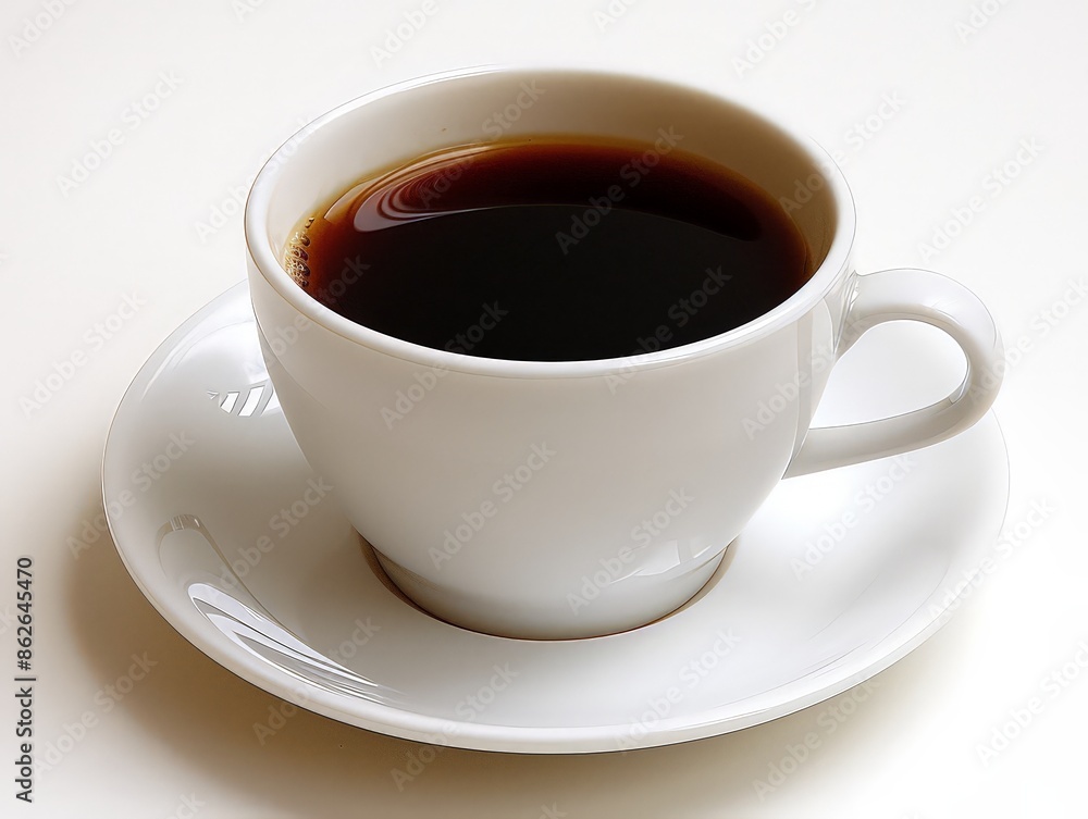 freshly brewed cup of black coffee placed on a simple white saucer. freshly brewed cup of black coffee placed on a simple white saucer.