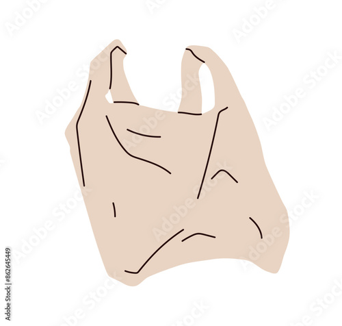 Plastic shopping bag with handles. Polythene cellophane carrier. Disposable crumpled used supermarket package. Throwaway grocery carry item. Flat vector illustration isolated on white background
