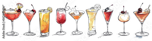 Cocktails modern hand drawn illustration. Moscow mule, bloody mary, pina colada, mojito, margarita, daiquiri, mimosa, long island iced tea, Bellini, margarita..