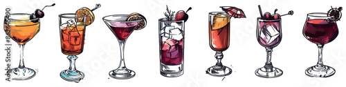 Various cocktails hand drawn. Set of sketches. Moscow mule, bloody mary, pina colada, mojito, margarita, daiquiri, Mimosa, long island iced tea, Bellini, margarita, sours.