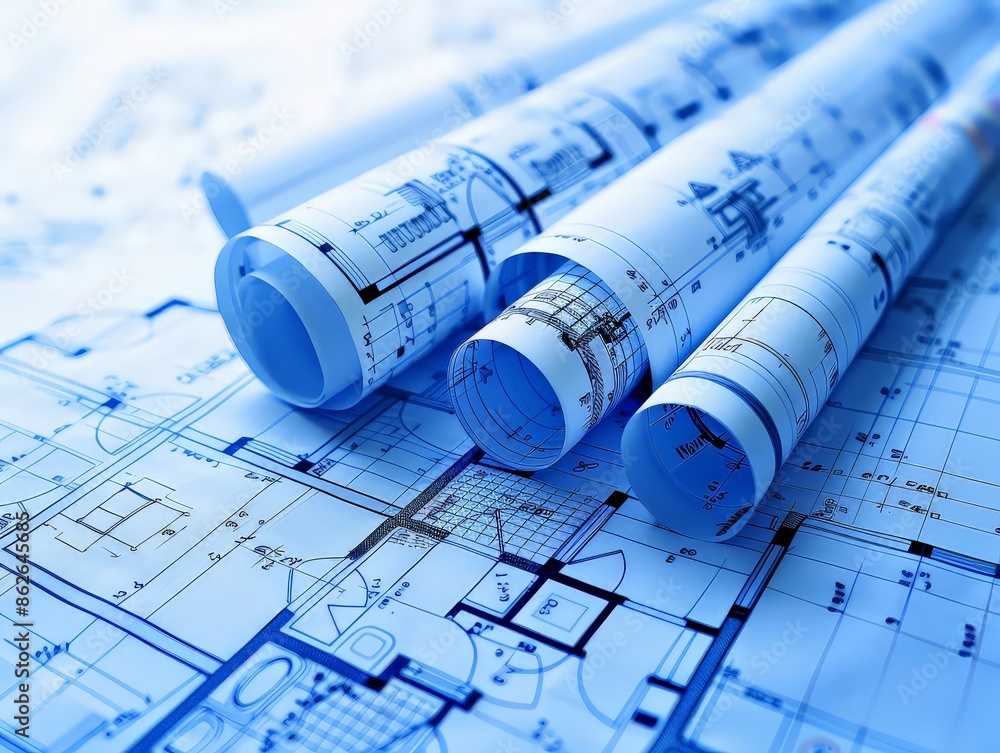 rolled-up architectural blueprint plan, secured with a white ribbon, featuring detailed floor layouts. rolled-up architectural blueprint plan, secured with a white ribbon, featuring detailed floor layouts.