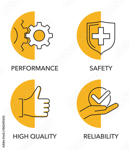 Semicircular icons - Safety, Performance, Reliability, High Quality