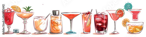 Various cocktails hand drawn. Set of sketches. Moscow mule, bloody mary, pina colada, mojito, margarita, daiquiri, Mimosa, long island iced tea, Bellini, margarita, sours.