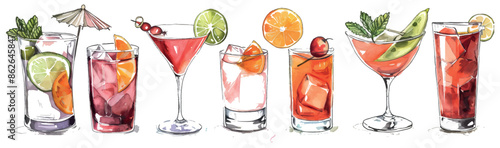 Various cocktails with modern illustrations, including Moscow mule, bloody mary, pina colada, mojito, margarita, daiquiri, mimosa, long island iced tea, bellini, margarita.