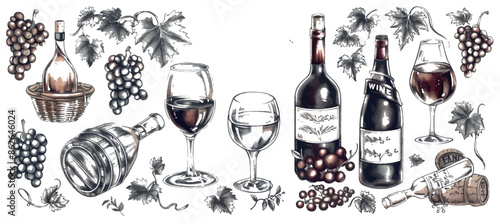 The grape, wine bottles, and wineglass are depicted in this sketch. Hand drawn vintage alcoholic beverages modern set. Bottle, wineglasses and wine alcohol beverages illustration.