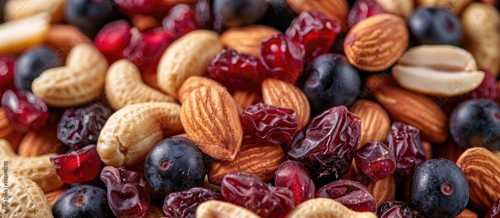 Close-up image featuring a variety of dried and roasted peanuts and almonds with a fruit background for text placement in the copy space image. Close-up image featuring a variety of dried and roasted peanuts and almonds with a fruit background for text placement in the copy space image.