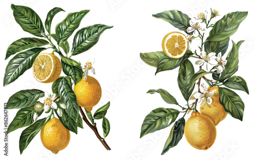 Isolated lemon branch illustration vintage clip art on white