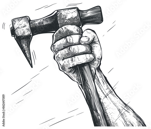 A hand holding a hammer illustration vintage clipart for a carpenter logo.