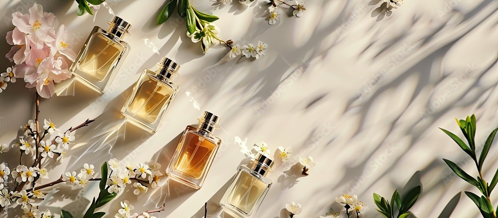 Elegant perfumes displayed on a spring-themed backdrop in an aerial view with copy space image. Elegant perfumes displayed on a spring-themed backdrop in an aerial view with copy space image.