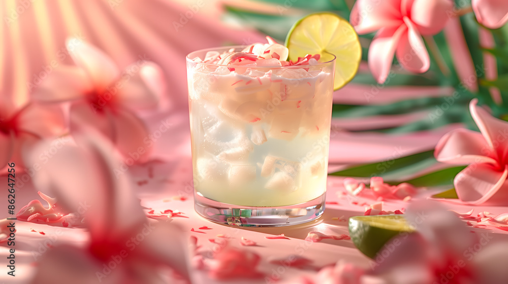 An eye-catching product poster for a Spiked Coconut Limeade drink product in glass An eye-catching product poster for a Spiked Coconut Limeade drink product in glass
