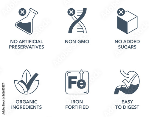 Baby food icons set with main features, flat style